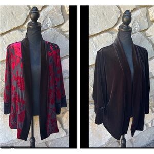 Soft Surroundings Velvet Blazer Jacket Size L/XL Black Red Floral Open Front